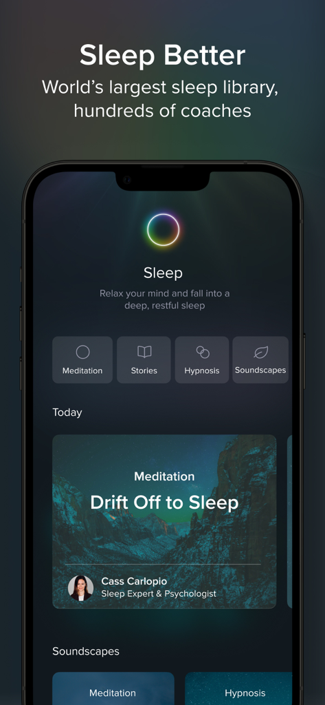Aura app screenshot showcasing sleep features including meditation stories hypnosis and soundscapes with a featured track titled Drift Off to Sleep