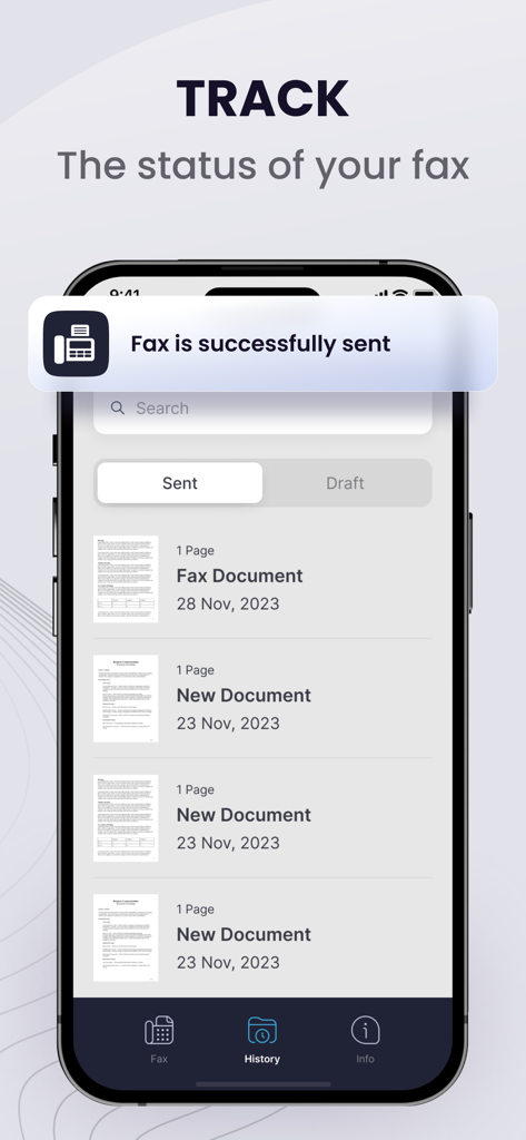 Une interface mobile montrant une liste de documents faxés envoyés avec une notification confirmant qu'un fax a été envoyé avec succès.