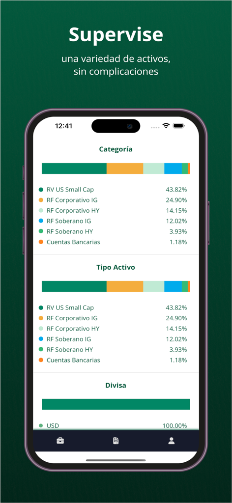 LAFISE Advisor - LAFISE Advisor mobile app interface showing a detailed portfolio breakdown by asset category and currency