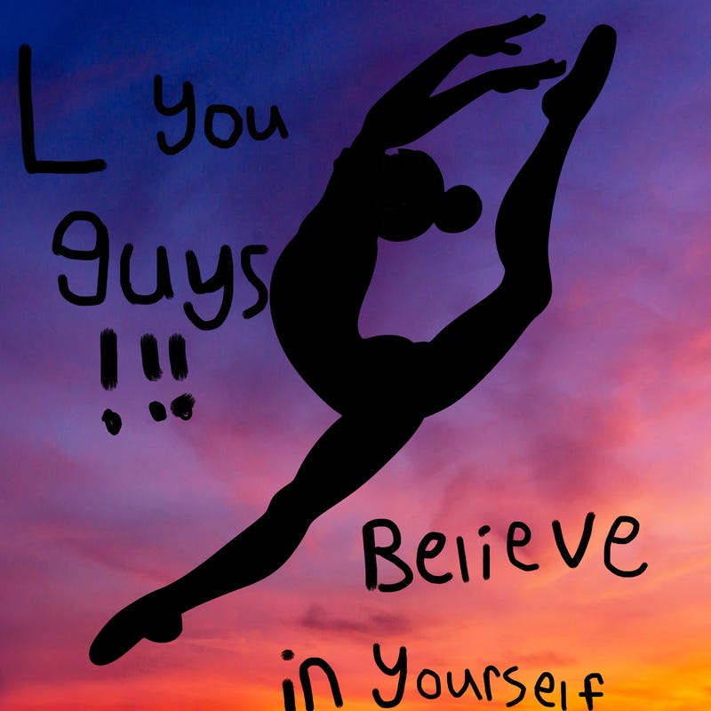 gymnast doing a leap in a leotard with a bent back leg