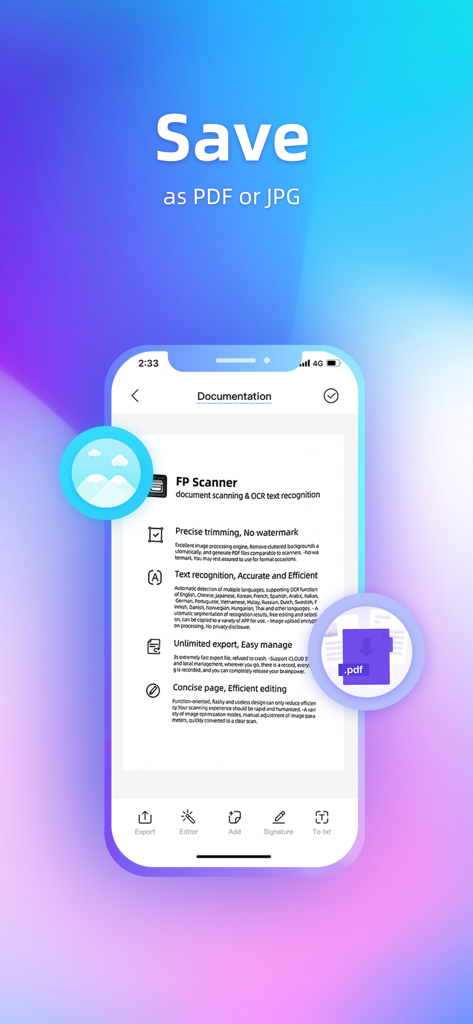 FP Scanner App-Oberfläche, die Optionen zum Speichern eines gescannten Dokuments als PDF- oder JPG-Datei zeigt