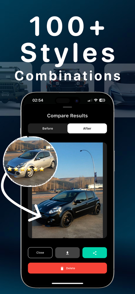 Comparación de antes y después de una modificación de coche usando IA que muestra un hatchback plateado transformado en un coche negro personalizado con nuevas llantas