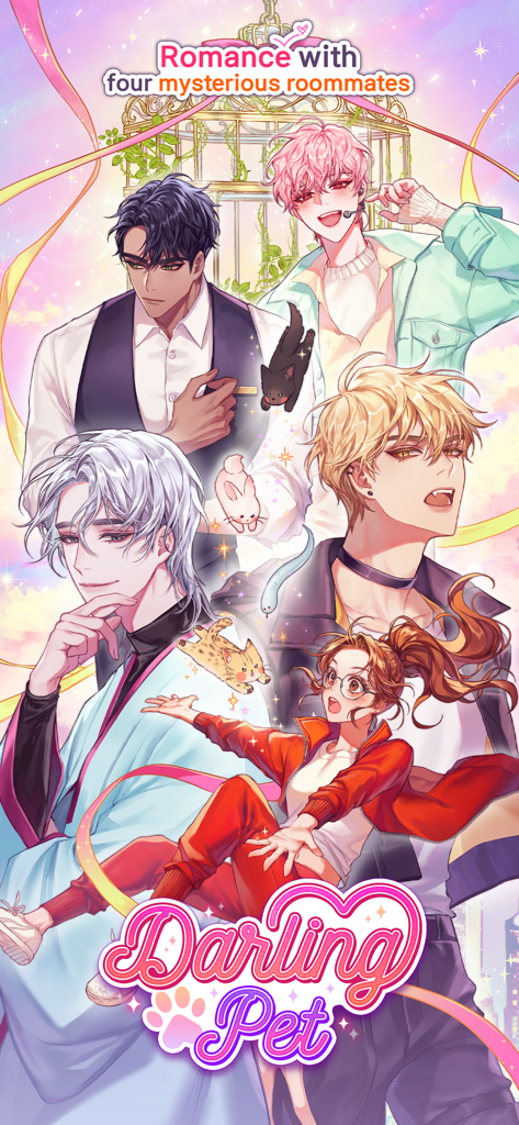 Darling Pet : Choose your love - Anime style illustration of the female protagonist and four handsome male characters from Darling Pet
