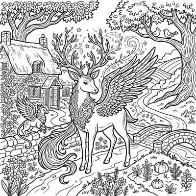 Step into a world where fantasy meets rustic charm with this enchanting coloring page. Featuring a magnificent winged stag and a noble griffin nestled in a beautiful cottagecore landscape, it's perfect for a relaxing creative escape.