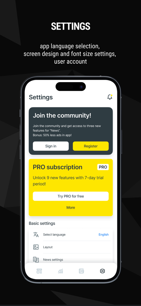 Settings screen of the Crypto News app showing account login, PRO subscription details, and language settings.