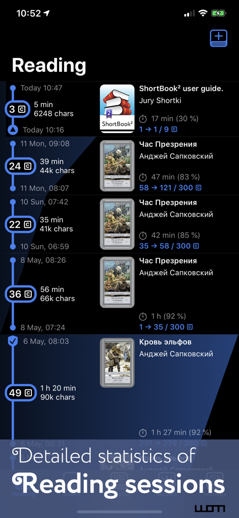 ShortBook² - Detailed reading statistics screen in the ShortBook2 app showing session history duration and characters read