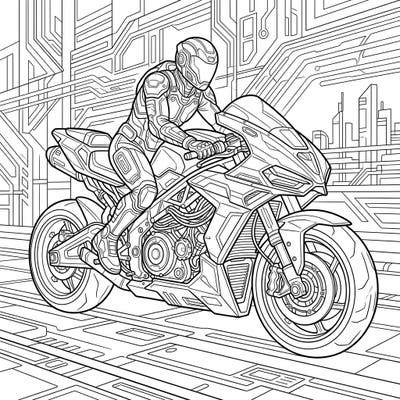 Unleash your creativity with this epic cyberpunk motorcycle coloring page. Featuring a dynamic rider and futuristic cityscapes, it's perfect for fans of high-tech adventures.