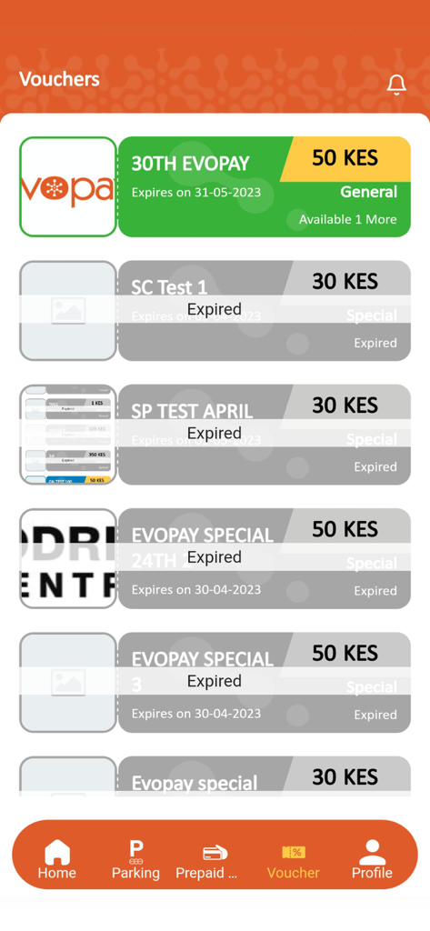 Evopay Africa - Evopay Africaアプリで利用可能および期限切れの駐車割引バウチャーのリスト