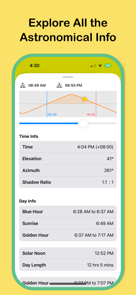 Detailed sun path chart and astronomical information interface in SolarApp