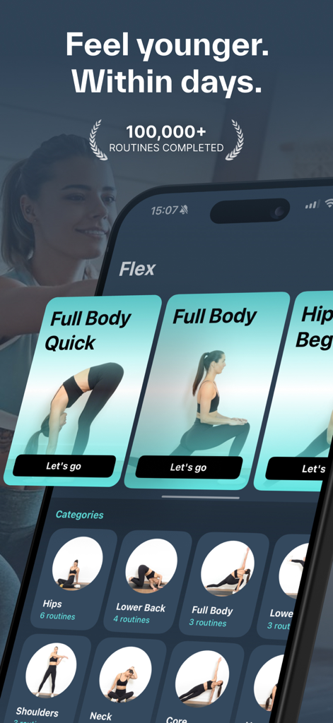 Stretching, Flexibility: Flex - Tableau de bord de l'application Flex montrant diverses routines d'étirement pour tout le corps, les hanches et le bas du dos