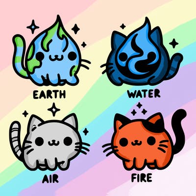 4 cats that represent the different elements, earth, water, air, and fire