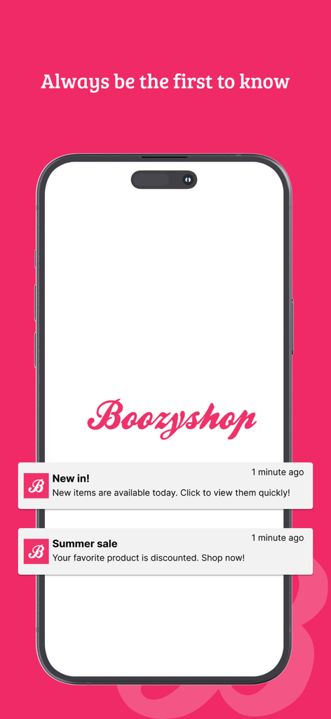 Interfaccia dell'app Boozyshop che mostra notifiche push per nuovi arrivi di prodotti beauty e saldi estivi