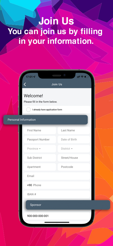 Registration screen of the Forever Shop app featuring a join us form for new members to enter personal details and sponsor information.