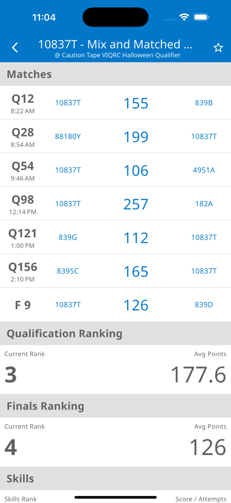 VEX via - VEX via app interface showing match scores and team rankings for a robotics competition