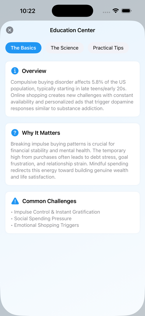 Smart Spend Challenge - Tela do Centro de Educação do aplicativo Desafio Gasto Inteligente fornecendo uma visão geral de compras por impulso e bem-estar financeiro