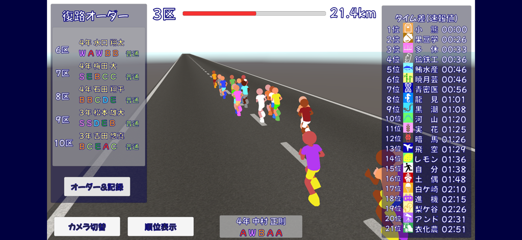 駅伝ホープ - 팀 순위와 선수 성과 통계가 표시된 도로 위의 선수들을 보여주는 에키덴 호프의 게임 플레이 화면