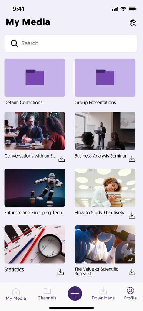 YuJa Lumina - Tela Meu Mídia do YuJa Lumina mostrando pastas de vídeo e miniaturas de aulas