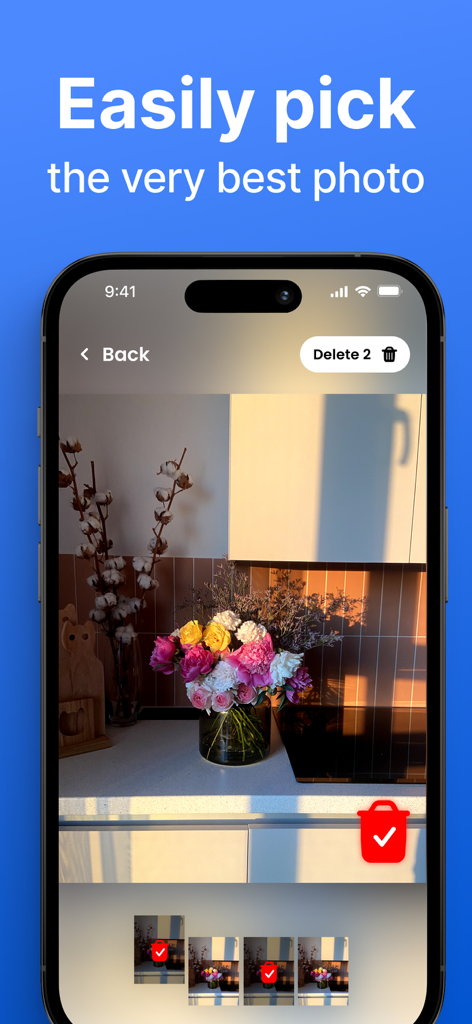 Smartphone screen displaying Cleaner MAX app feature to select the best photo from duplicates to optimize storage
