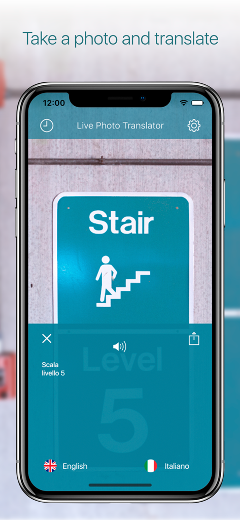 Camera Photo Translator HD - A smartphone screen using the Camera Photo Translator app to translate an English stair sign into Italian