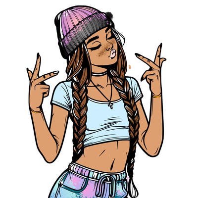 realistic teenage girl with braids and a beanie and crop top doing 🫶🏼