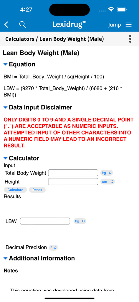 Lean Body Weight male medical calculator interface in the UpToDate Lexidrug app showing clinical formulas and input fields