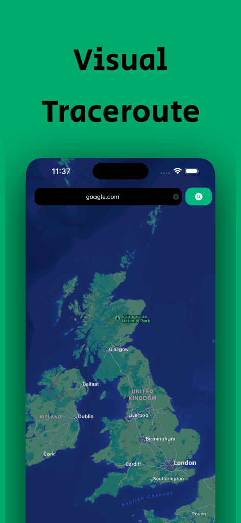 Geo Trace: Traceroute App - A mobile interface showing a visual traceroute path on a geographic map of the United Kingdom.