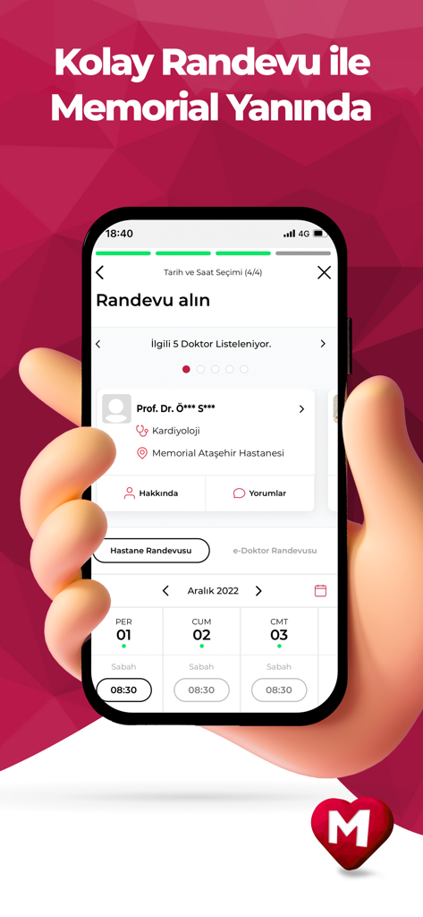 A hand holding a smartphone displaying the doctor appointment booking interface of the Memorial healthcare app