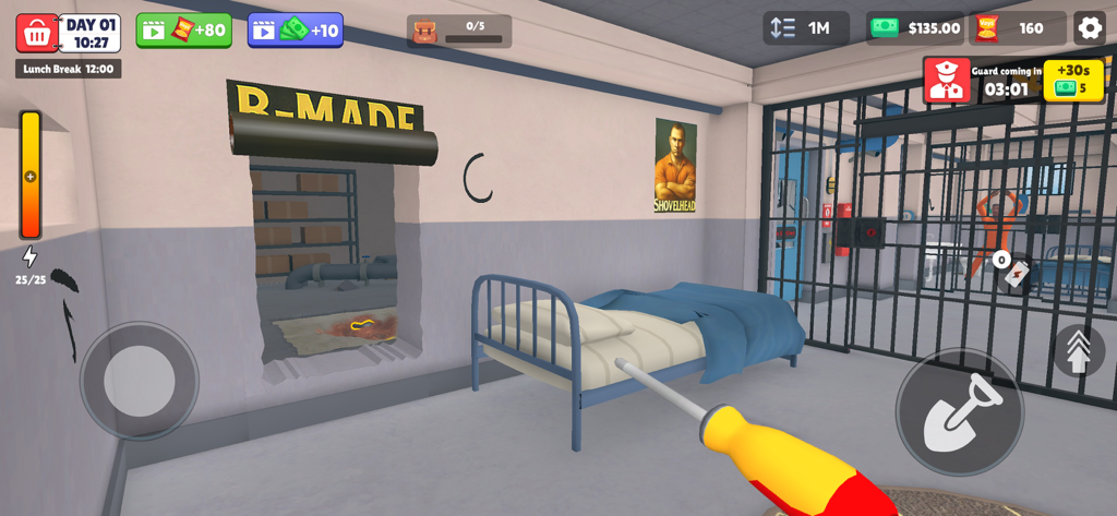 Excaper: Prison Escape - Vista en primera persona de una celda de prisión con un túnel oculto detrás de un póster y un jugador sosteniendo un destornillador