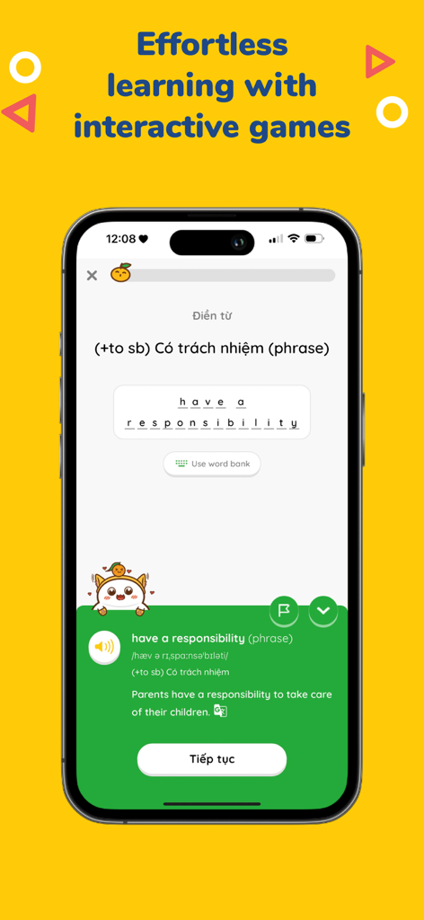 MochiVocab app interface showing an interactive English vocabulary learning game with a cute mascot
