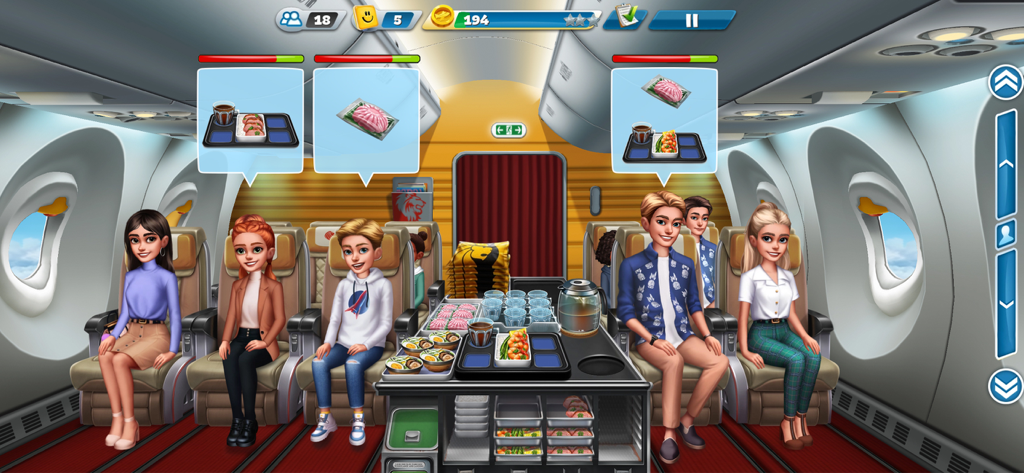Serving food to airplane passengers in Airplane Chefs game cabin view
