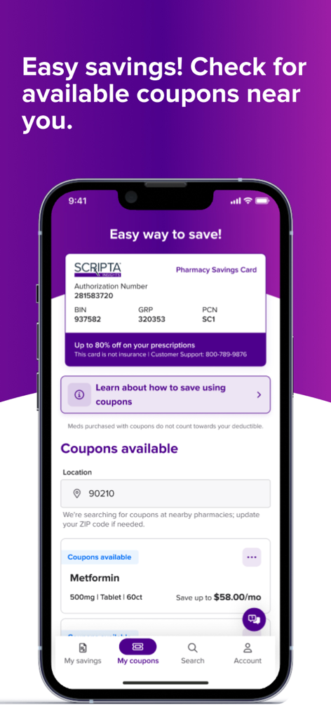 Scripta Insights - Scripta Insightsアプリのインターフェース。薬局の節約カードと利用可能な処方箋クーポンが表示されています。