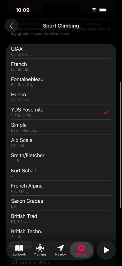 Redpoint: Bouldering, Climbing - A list of sport climbing grading systems in the Redpoint app settings including YDS Yosemite and French scales