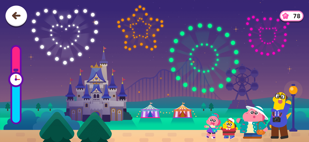 Cocobi Theme Park - Fun game - Dinosaures Cocobi regardant un spectacle de feux d'artifice coloré dans un parc à thème