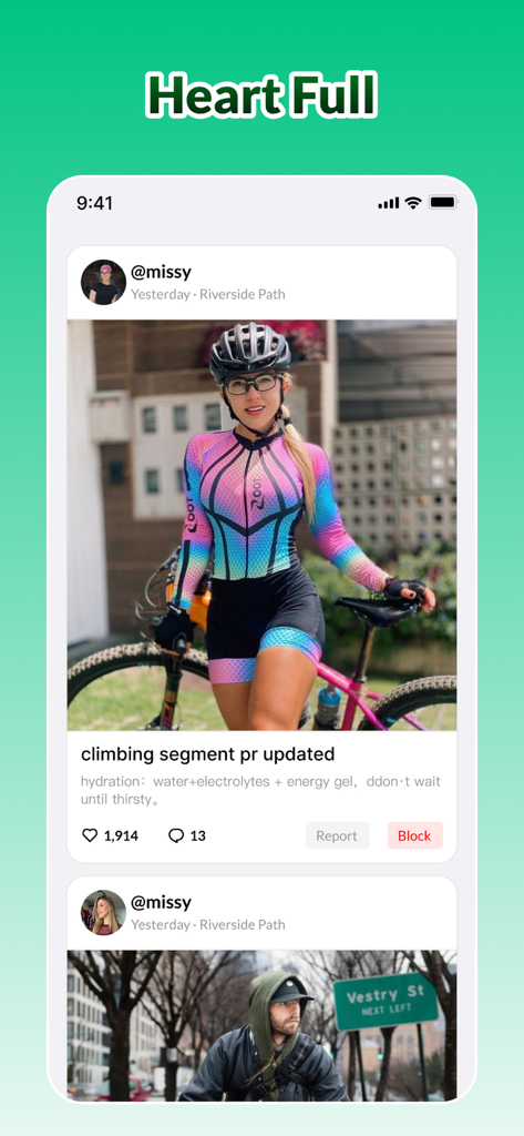 Yeka - Yeka app social feed screen showing a cycling activity post with a photo of a cyclist and ride statistics