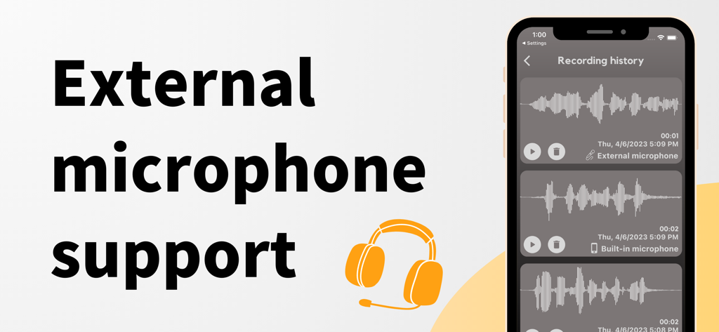 Mic Test App-Screenshot, der den Aufnahmeverlauf und die Unterstützung für externe Mikrofone zeigt.