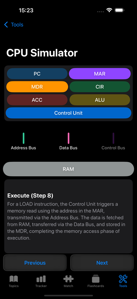 CS Master - Interactive CPU simulator interface for computer science students showing processor components and buses.