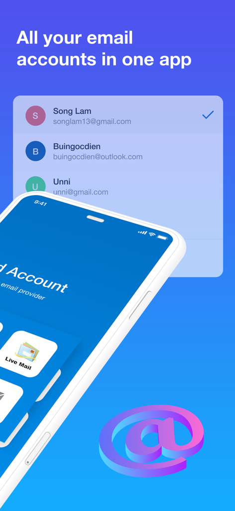 Interface of an email app managing multiple accounts including Outlook and Hotmail