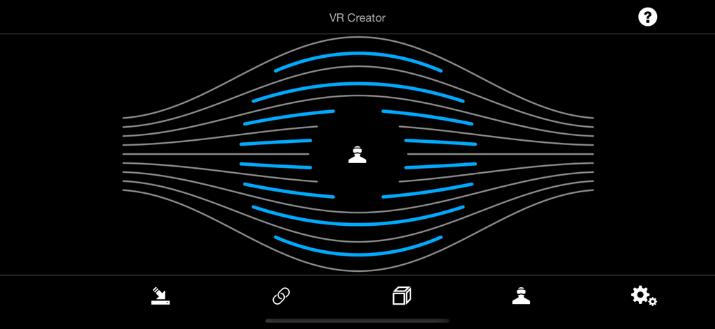 VR Creator - VR Creator app main menu with a stylized eye graphic and navigation icons.