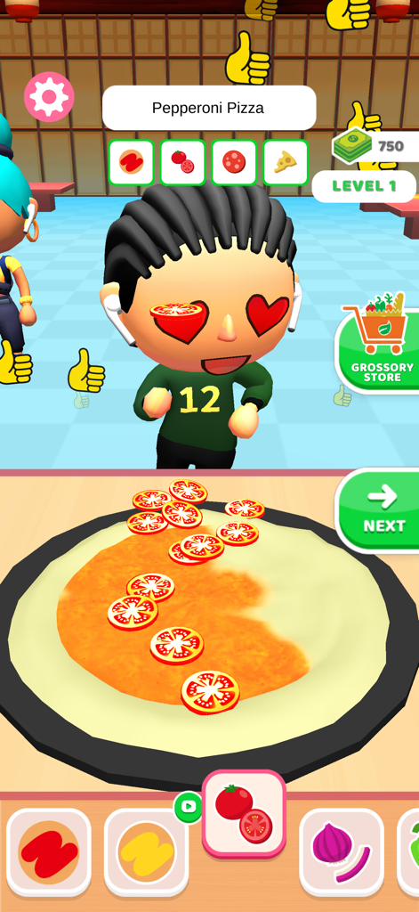 Overcooked Pizza: Make a Pizza - A happy character watching tomato slices being added to a pizza dough in the Overcooked Pizza game