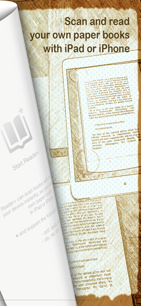 Reader+ : Scan & Read Books - Écran promotionnel montrant comment numériser et lire des livres papier sur iPad