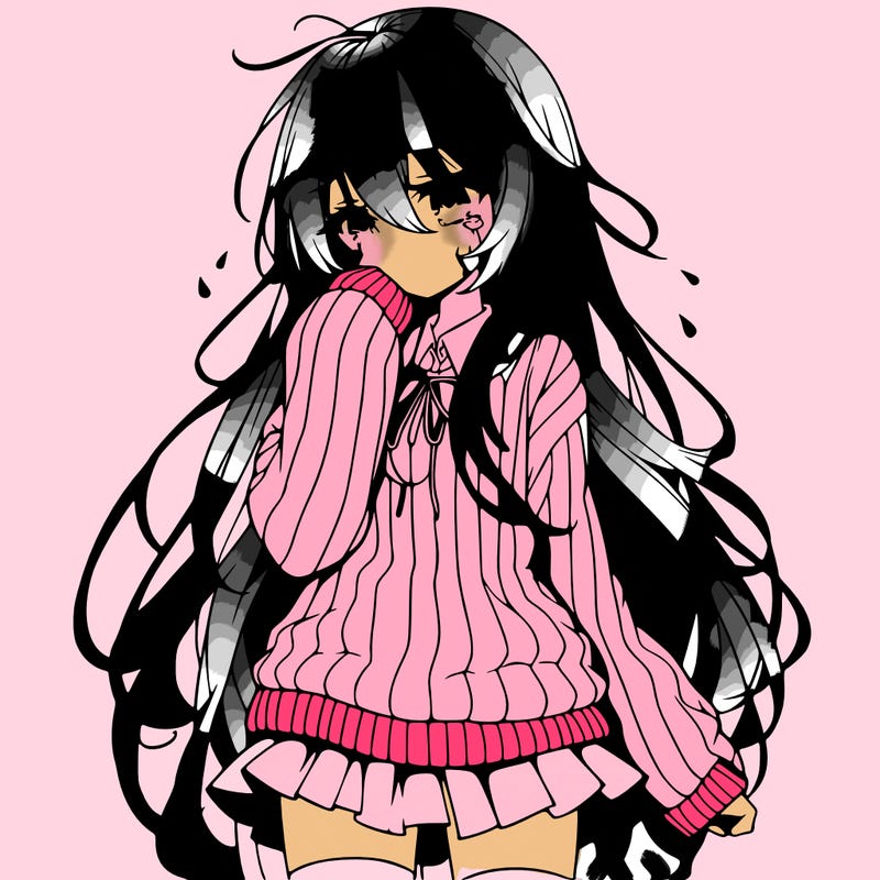 anime girl with long hair and sweater with a skirt crying