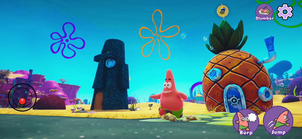 Patrick Star running through Bikini Bottom in front of Spongebob and Squidward houses