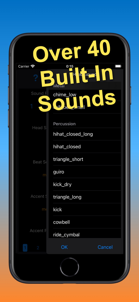 Un menú en la aplicación CC Metronome que muestra una variedad de sonidos de percusión y metal incorporados