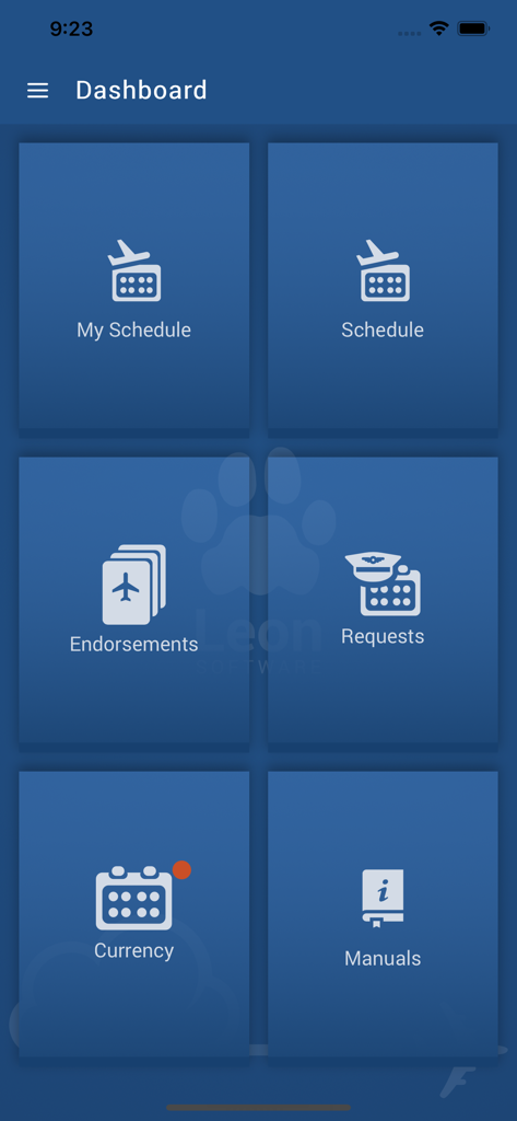 Main dashboard of the Leon aviation app featuring crew schedule and operational management tiles