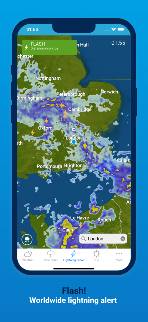 Meteox weather app interface showing worldwide lightning radar and storm map