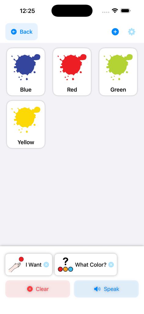 My Voice AAC - AAC app interface featuring color choice tiles and a sentence building bar for speech communication