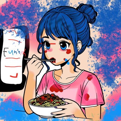 a realistic girl, eating food