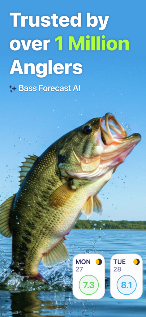 BassForecast: Bass Fishing App - A large bass jumping out of the water featuring daily fishing forecast ratings and user trust statistics.