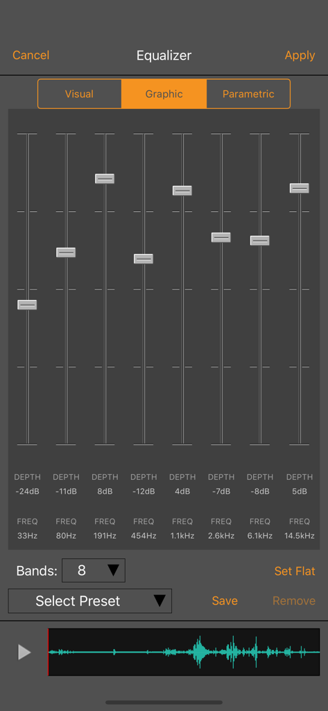 Interface de equalizador gráfico no WavePad Music and Audio Editor mostrando oito bandas de frequência e controles deslizantes de áudio