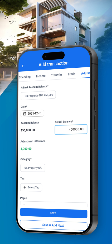 Vision Money:Net Worth & Goals - Vision Money app screen showing a balance adjustment for a real estate asset